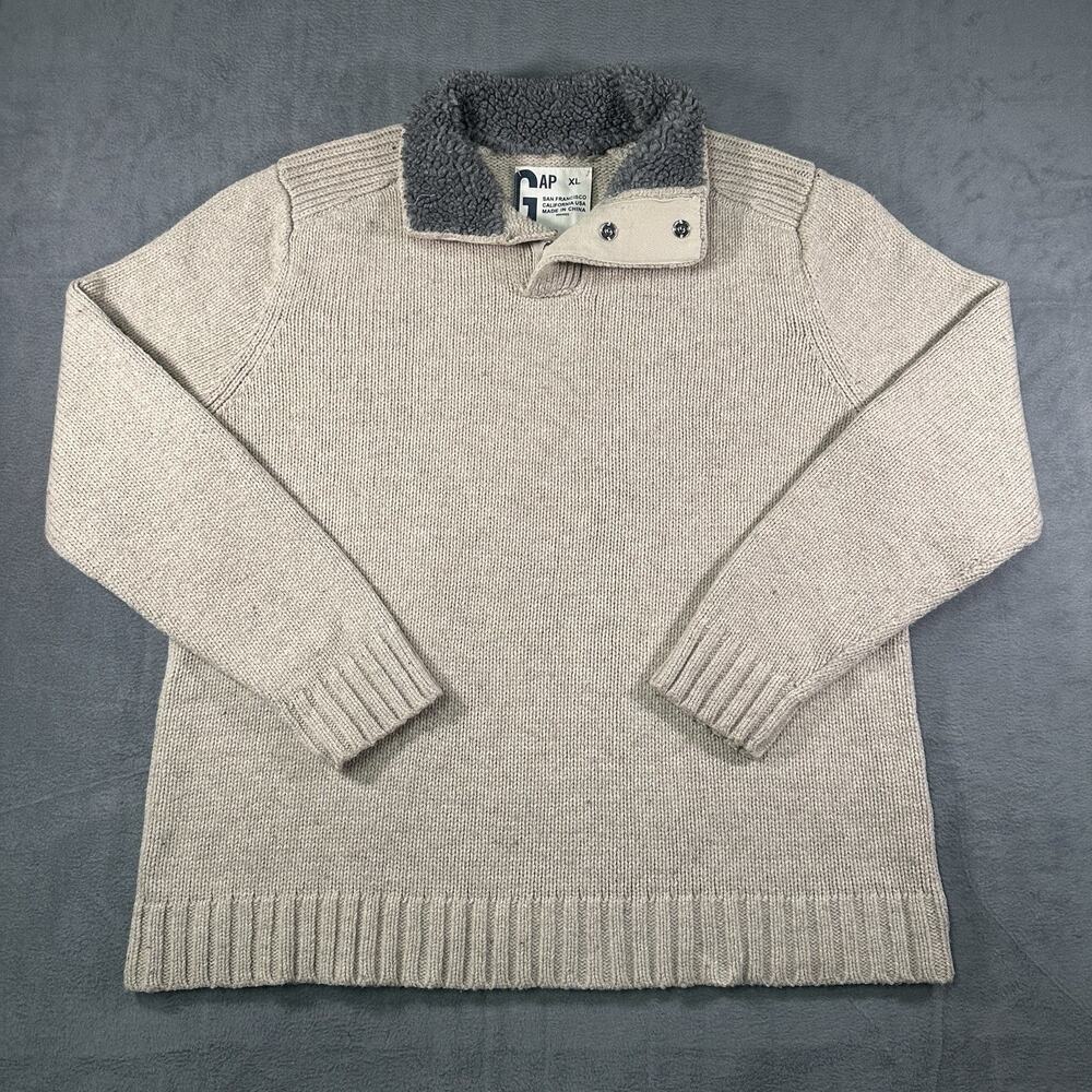 GAP Sweater Beige Mens XL Cotton Knit Sherpa Collar Pullover Casual